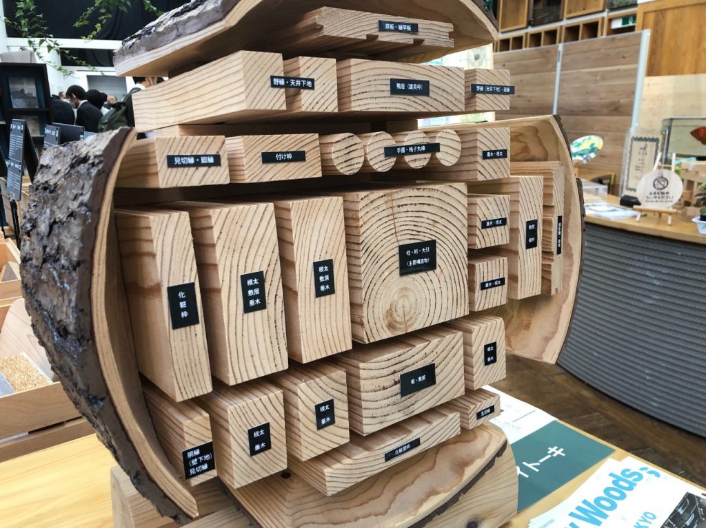 【エコプラザに展示されている丸太からの製材木取りの模型】