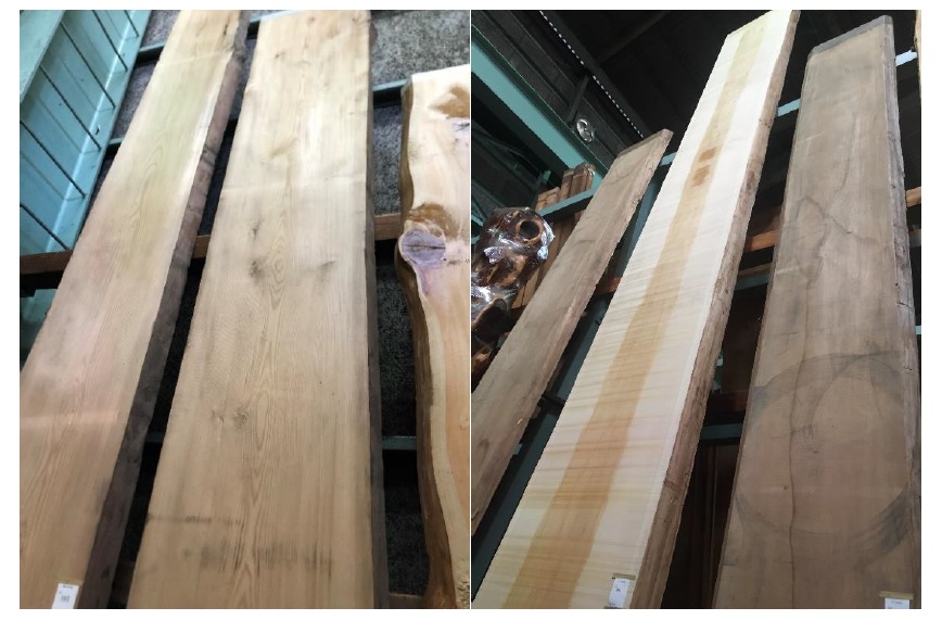 【東京銘木市場に出品されている天然木曽桧カウンター材。仕上げ加工することで、右側右端の材料が右側中央のような美しい木肌となります。黒く煤けているほど天然乾燥が進んでいることの証です】